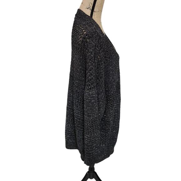 Novelty Stitch Black and Metallic Silver Crocheted Open Weave Cardigan Sweater - Picture 4 of 7